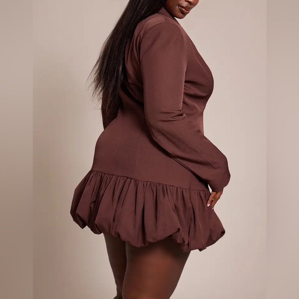 PRETTY LITTLE THING CHOCOLATE PLUNGE PUFF HEM BLAZER DRESS.       NEW W/ TAGS - Picture 4 of 4